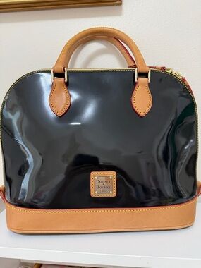 Dooney & Bourke Black Patent Satchel with Tan Trim